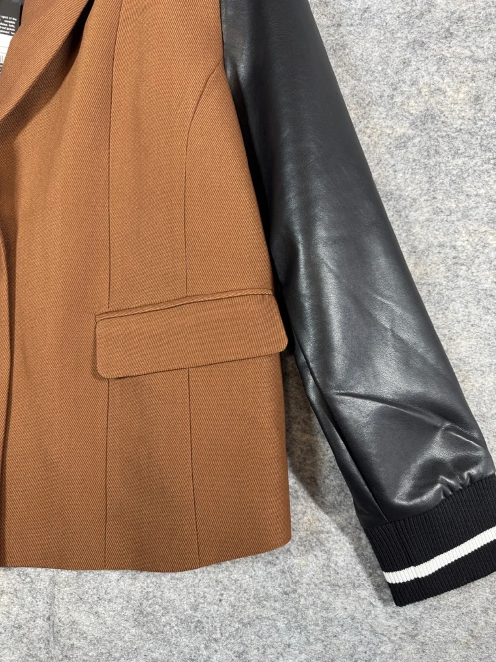 FDJ Brown Wool Blend Varsity Jacket Black Faux Leather Sleeves Preppy Chic XL - Picture 7 of 16